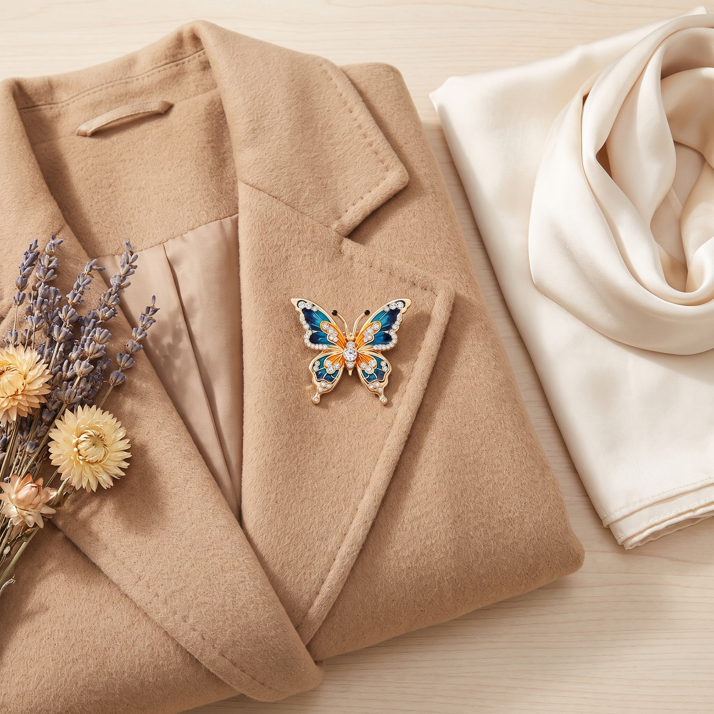 Broche Papillon en émail, bijou vintage Alyvoa tenue à la main · Bleu