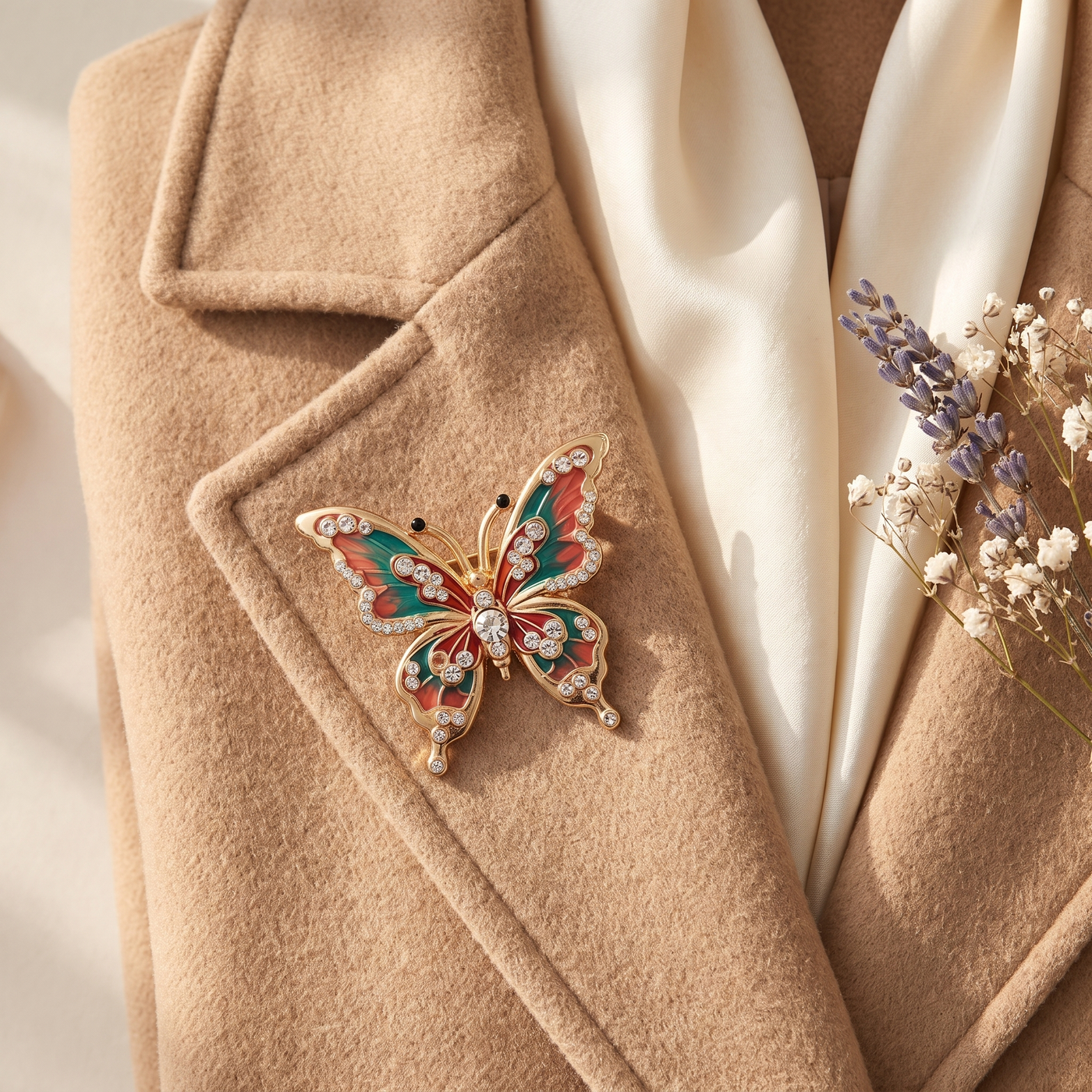 Broche Papillon en émail, bijou vintage Alyvoa en situation · Vert