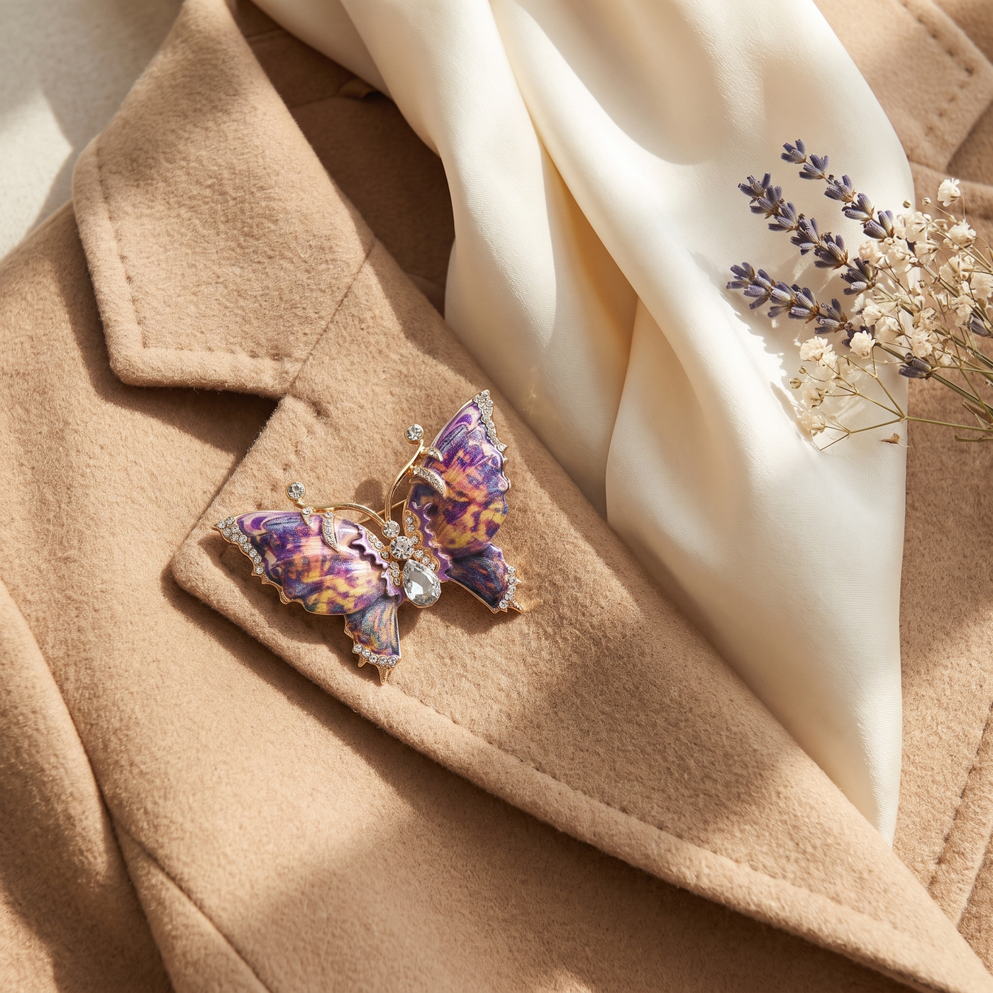 Broche Papillon en émail, bijou vintage Alyvoa présentée sur un coussin · Violet