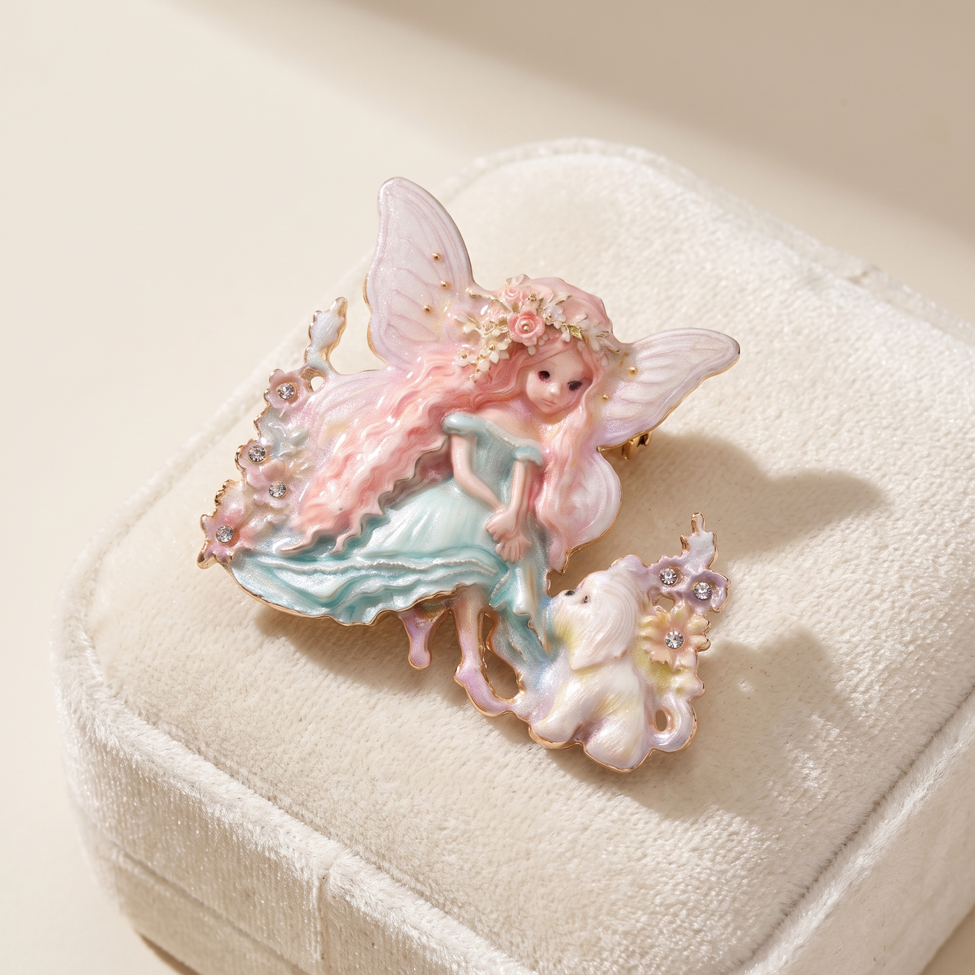 Broche Papillon · Émail · Rose · sur coussin